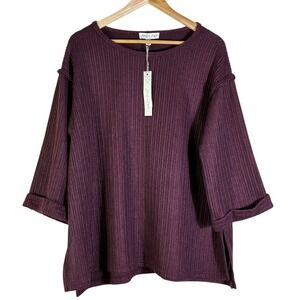 SHE+SKY Burgundy Ribbed Knit 3/4 Sleeve Relaxed Fit Tunic Top XL